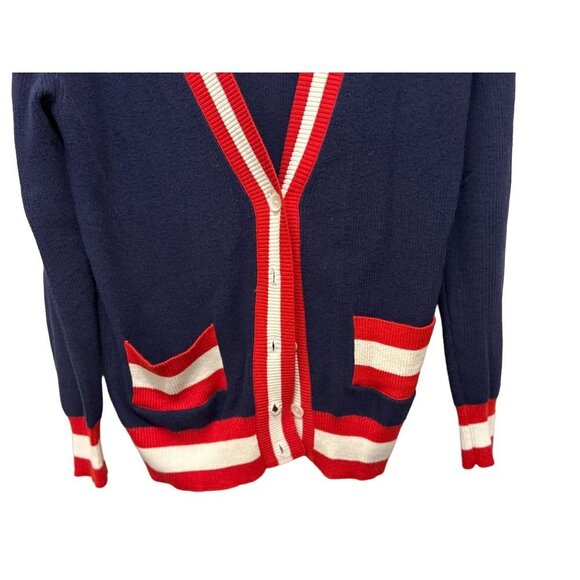 Minnie Rose Cotton Cashmere Cardigan with Front Pockets Blue Ribbed Red White - Picture 3 of 7